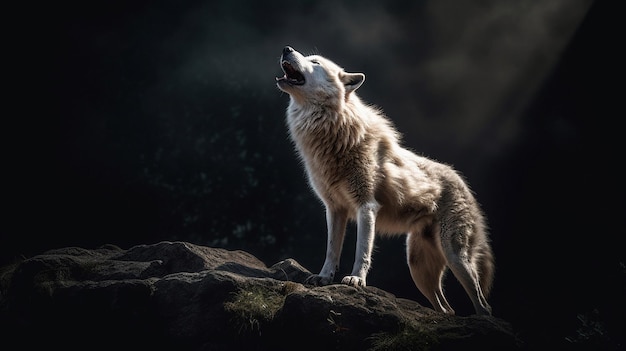 Een huilende wolf op een rots met een donkere achtergrond