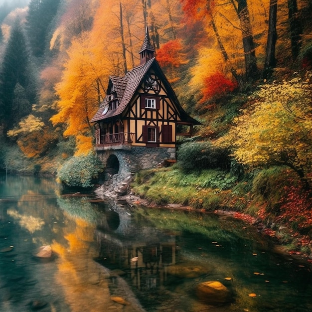 Een huis aan de rivier in de herfst