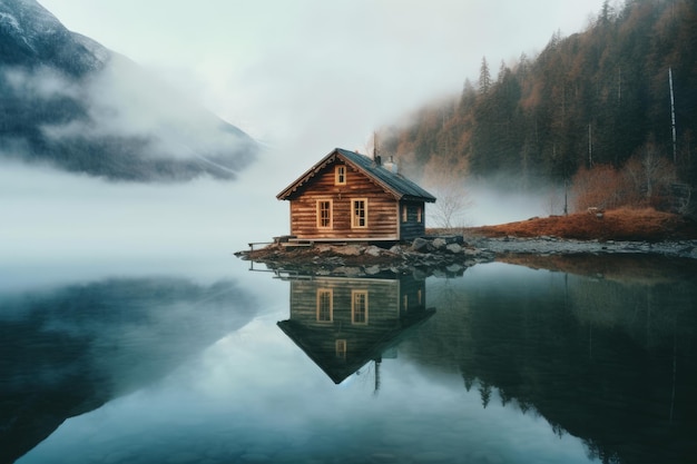 Een huis aan een meer in Noorwegen