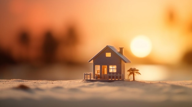 Een huis aan een strand met een zonsondergang op de achtergrond