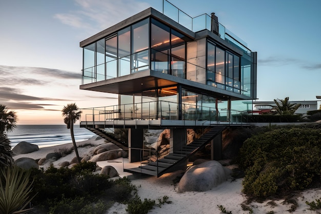 Een huis aan het strand met een grote glazen wand en een palmboom op het strand.