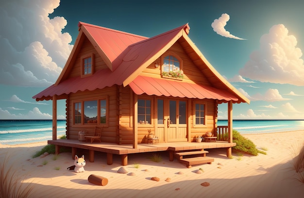 Een huis aan het strand met een rood dak
