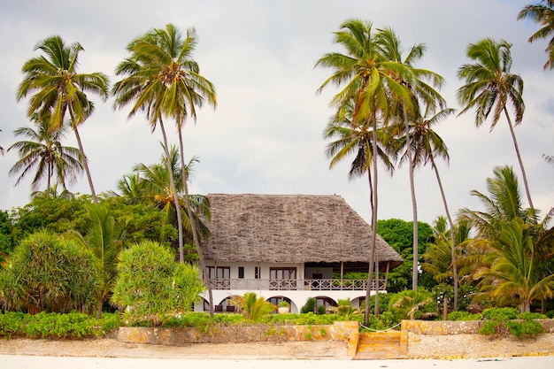 Foto een huis aan het strand met palmbomen op de voorgrond.