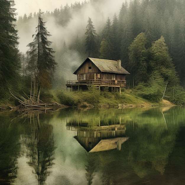 Een huis aan het water is omgeven door bomen en de lucht is mistig.