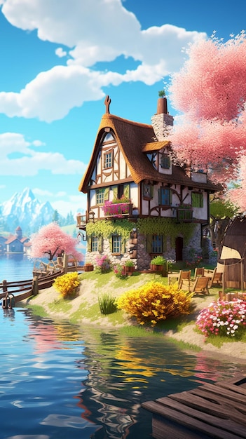 Een huis aan het water met een meer en een boom met roze bloemen.