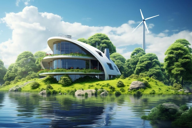 Een huis aan het water met op de achtergrond een windturbine.