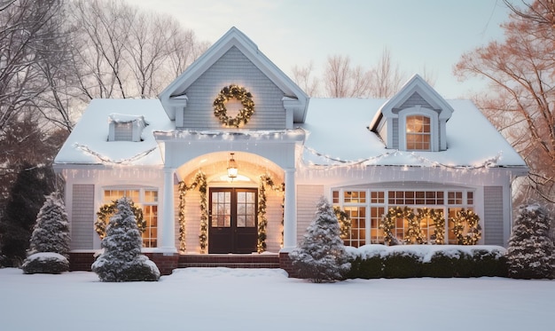 Een huis bedekt met kerstverlichting en feestelijke decoraties voor de feestdagen