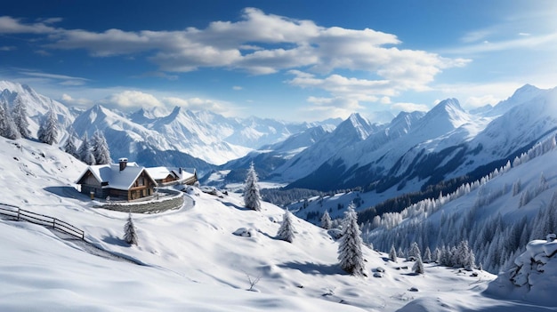 Een huis bedekt met sneeuw en witte wolken op de achtergrond van de bergen