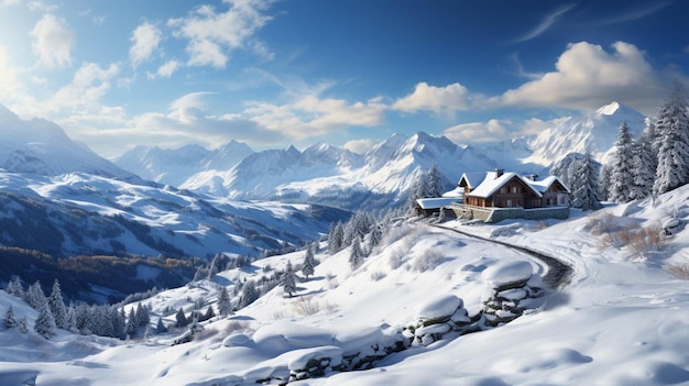 Een huis bedekt met sneeuw en witte wolken op de achtergrond van de bergen