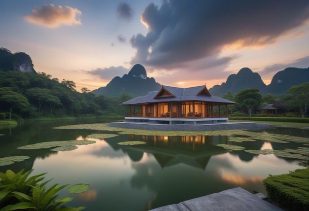 een huis bij een meer met een zonsondergang op de achtergrond