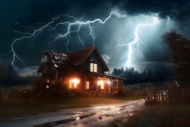 Een huis dat door de bliksem wordt getroffen, legt de dramatische kracht van de natuur vast Generatieve AI