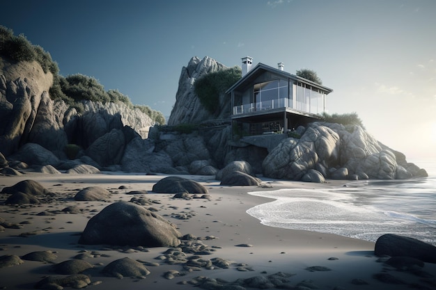 een huis dat op de rand van een klif ligt en uitkijkt over het water