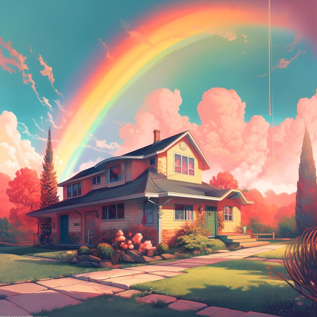 Foto een huis en regenboog illustratie generatieve ai beeld