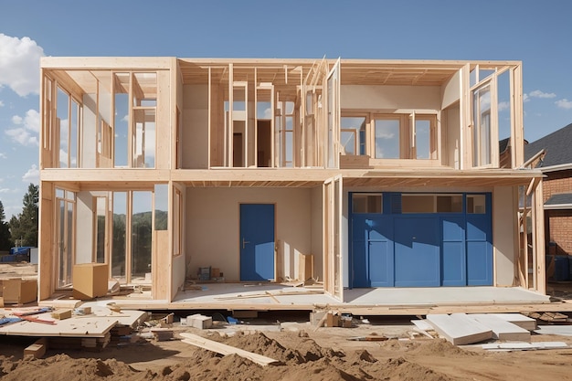 Een huis in aanbouw met blauwdrukken en een selectie ramen en deuren