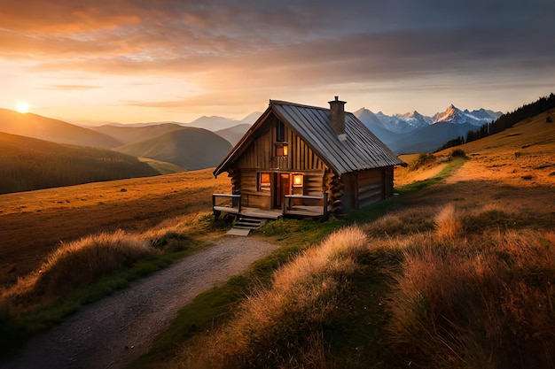 Een huis in de bergen met de zon op het dak