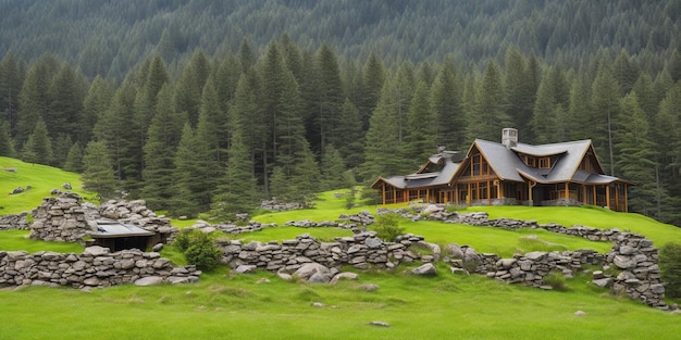 Een huis in de bergen met een bos op de achtergrond