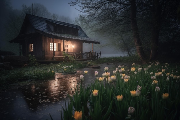 Een huis in de mist met tulpen op de voorgrond