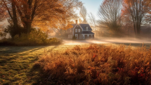 Een huis in de mist waar de zon op schijnt