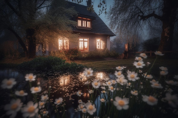 Een huis in de nacht met bloemen ervoor