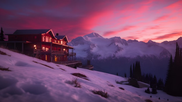 Een huis in de sneeuw met daarachter de zonsondergang