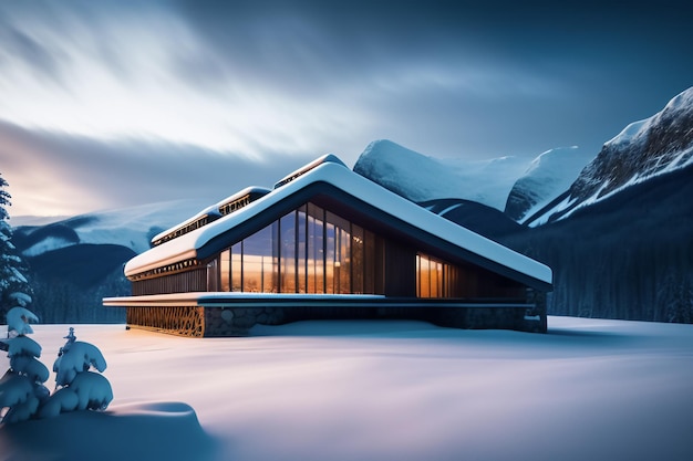 Een huis in de sneeuw met de sneeuw op het dak