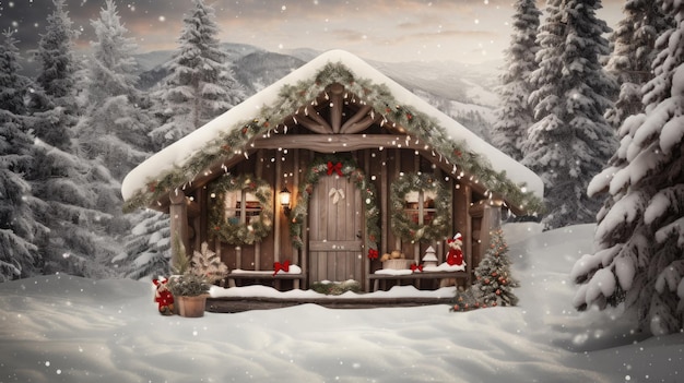 Een huis in de sneeuw met een kerstboom en een houten deur.