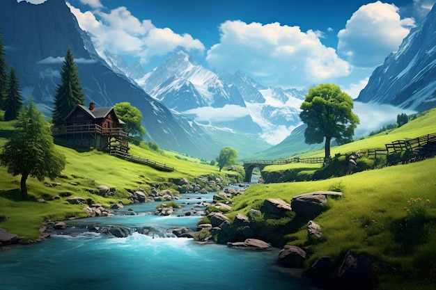 een huis in een berglandschap met een rivier en bergen op de achtergrond.
