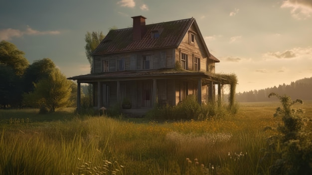 Een huis in een veld met een lucht op de achtergrond