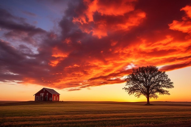 Een huis in een veld met een zonsondergang op de achtergrond