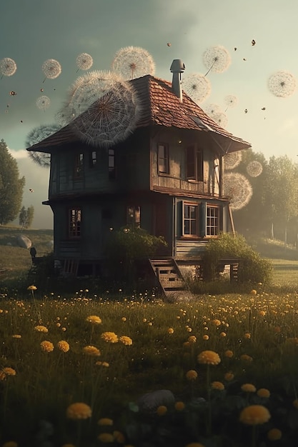 Een huis in een veld met paardebloemen en een lucht met wolken