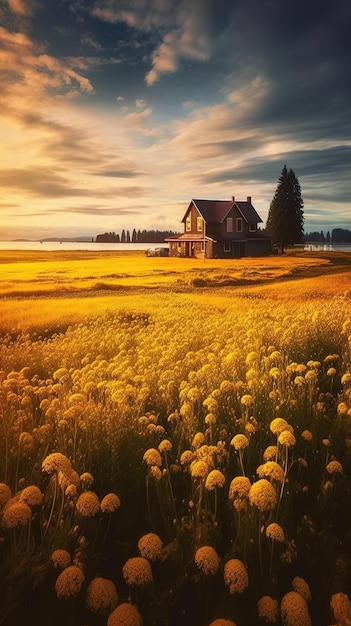 Een huis in een veld met paardebloemen