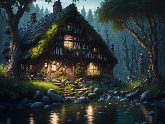 Een huis in het bos aan de rivier