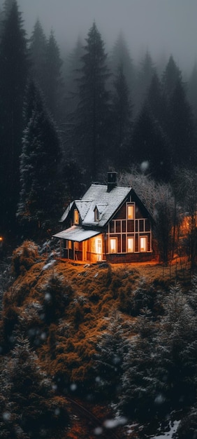 Een huis in het bos bij nacht