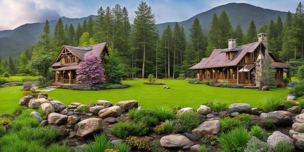 Een huis in het bos met een berg op de achtergrond