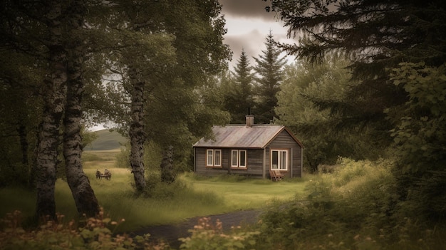 Een huis in het bos met een bewolkte lucht