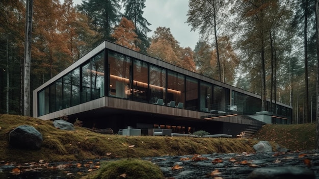 Een huis in het bos met een bos op de achtergrond