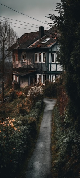 Een huis in het bos met een donkergroen huis en de woorden 'huis aan de linkerkant'