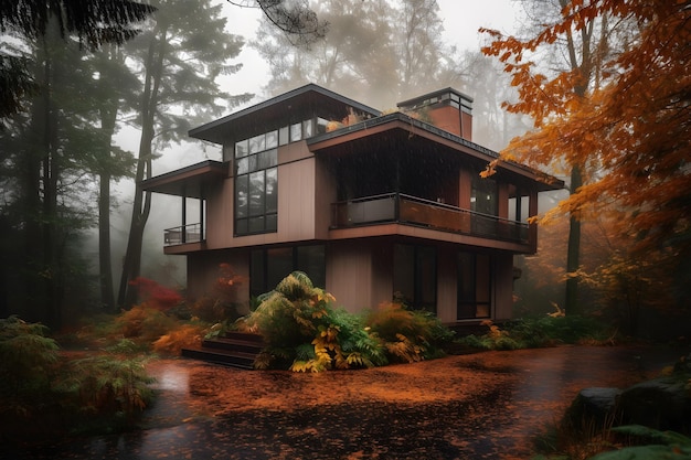 Een huis in het bos met een groot balkon en een groot balkon.