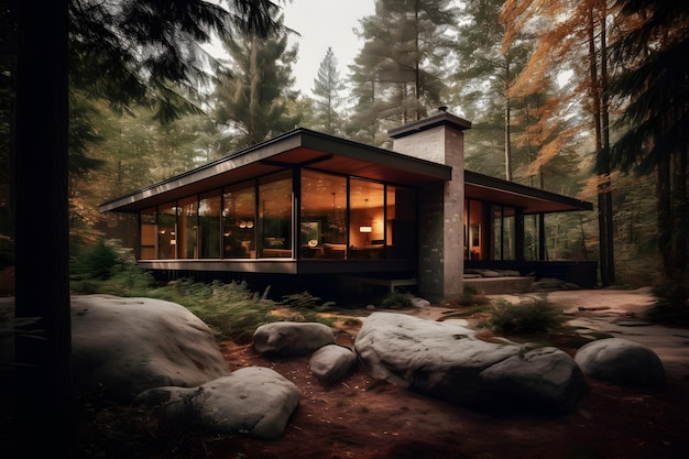 Een huis in het bos met een groot raam dat Lake Tahoe zegt.