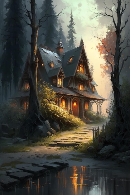 Een huis in het bos met het licht aan.