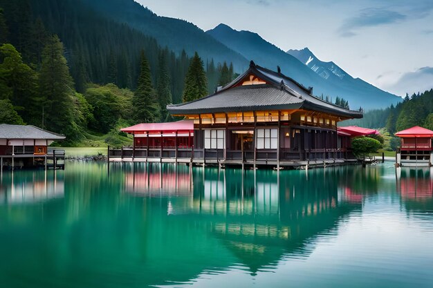 Een huis in het water met bergen op de achtergrond