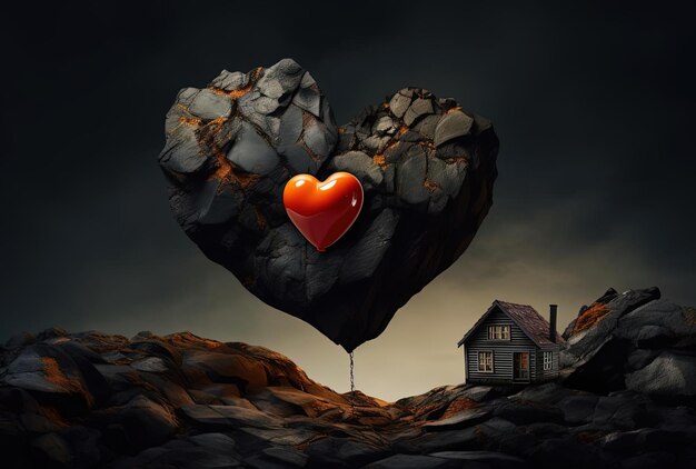 Foto een huis is in de lucht in een rotsachtig gebied met een rood hart dat er achter vliegt in de stijl van donkerzwart