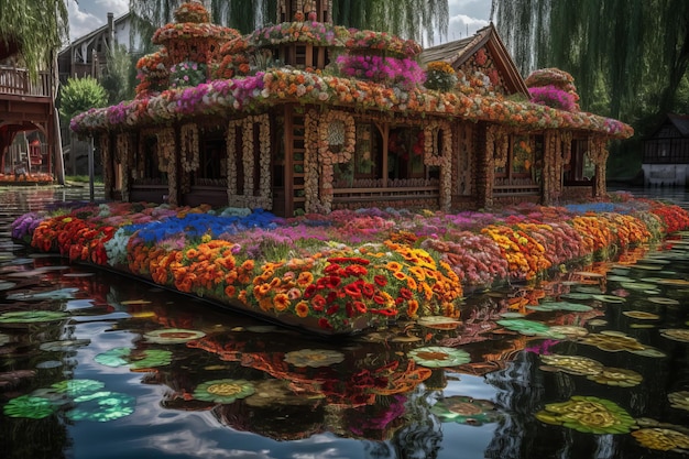 Een huis met bloemen erop is omgeven door water.