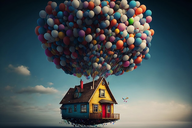 Een huis met een ballon die in de lucht zweeft