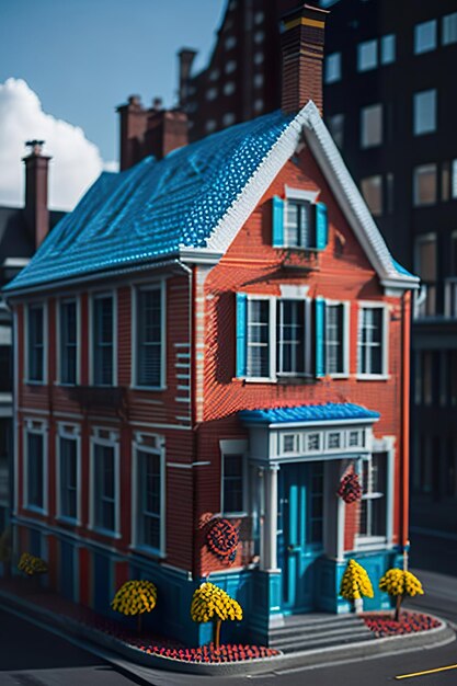 Foto een huis met een blauw dak en een gele vlag aan de voorkant.