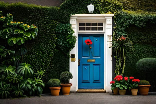 Foto een huis met een blauwe deur en potplanten.