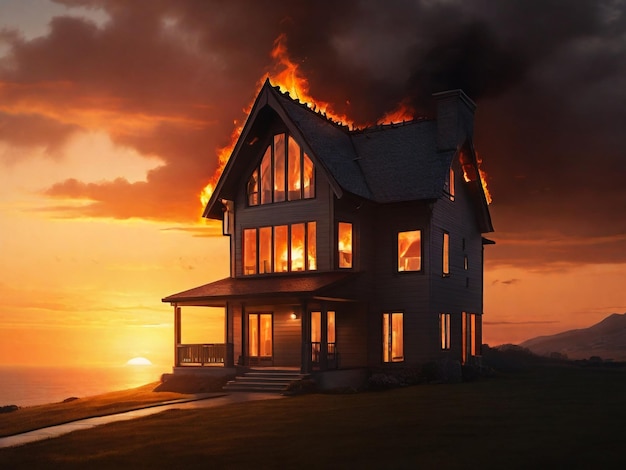 Een huis met een brandend licht in de zonsondergang