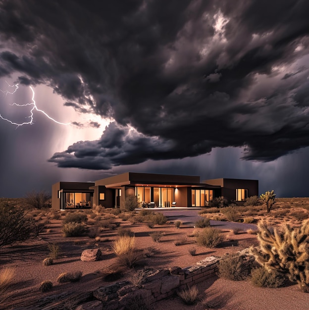 Een huis met een donkere lucht en een grote wolk