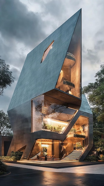 Een huis met een glazen gevel waarop staat: