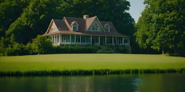 Foto een huis met een meer en een boom op de achtergrond